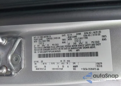 2015 Ford Escape S z USA, uszkodzony, nr VIN 1FMCU0F71FUA36525